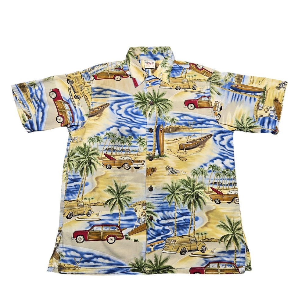 Go Barefoot Hawaiian Shirt Mens Medium Beach Cars Palm‎ Trees Aloha Surf USA